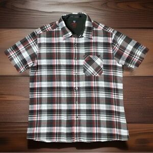 Kuhl Organic Cotton Seersucker Red/Grey Plaid Hiking Camp Shirt Men's Sz Large